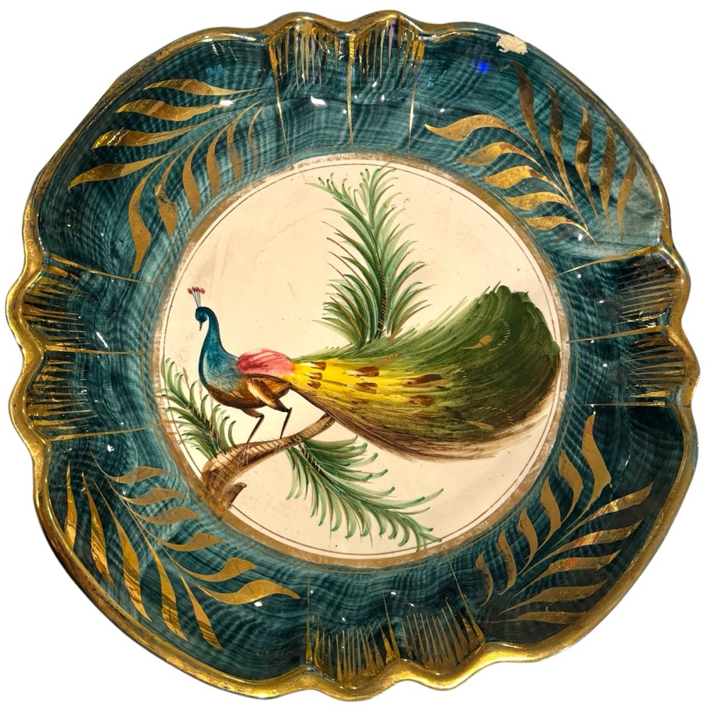 Hebert Bequet VTG MCM Peacock Decorative Plate Gold Leaf Roped Mounted Singed